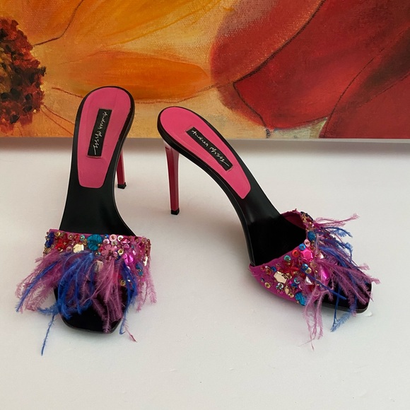 Andrea Fuchsia Feather Embellished Sandal Size 38 Italy - Picture 4 of 8